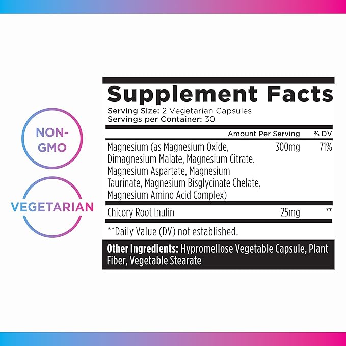Livingood Daily Magnesium 300mg - High Bioavailability Magnesium Complex - Magnesium Citrate, Malate, Glycinate, Oxide, & Chicory Root Inulin - Muscle Relaxation, Nerve, & Heart Health - 60 Capsules