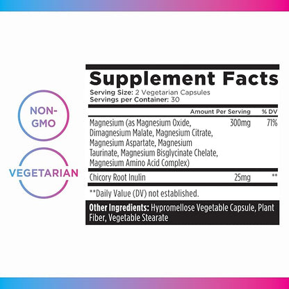 Livingood Daily Magnesium 300mg - High Bioavailability Magnesium Complex - Magnesium Citrate, Malate, Glycinate, Oxide, & Chicory Root Inulin - Muscle Relaxation, Nerve, & Heart Health - 60 Capsules
