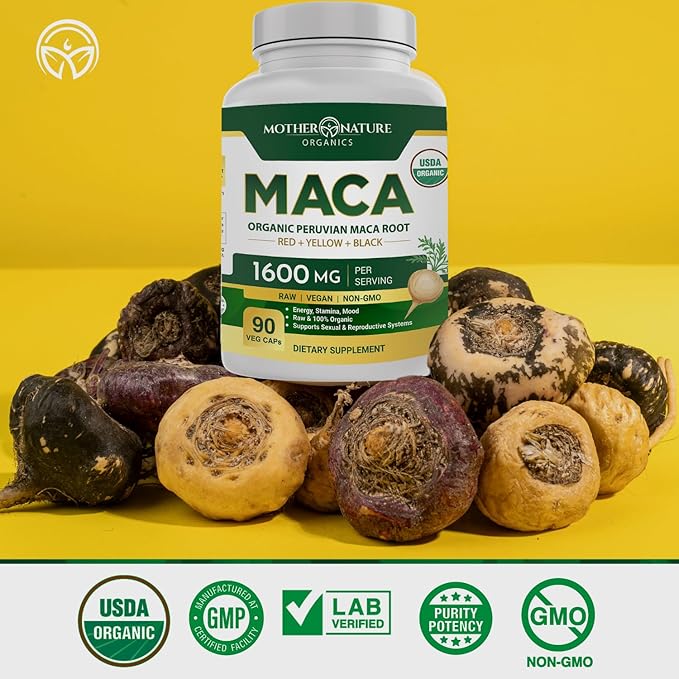 Mother Nature USDA Organic Maca Root Capsules 1600mg, Vegan, Raw Maca Supplement for Stamina, Hormonal Balance & Well-Being, Non-GMO Premium Peruvian Maca for Men & Women, Reproductive Health (90ct)