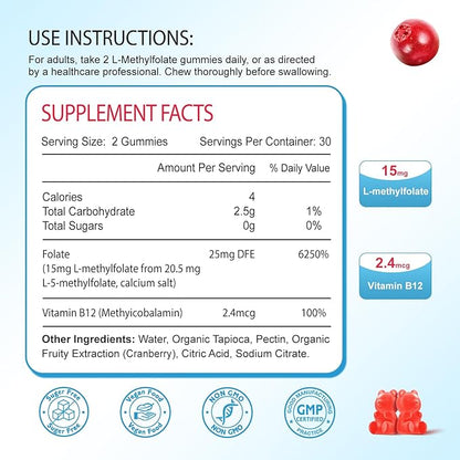 L-Methylfolate 15mg Gummies, Methylated Multivitamin with Methylated B12, Active 5-MTHF Form, Supports MTHFR Mutation, Methylation, Mood & Cognition, Vegan, Cranberry Flavor, 60 Cts