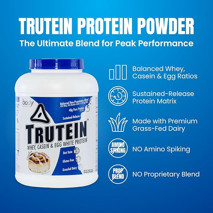 Body Nutrition Trutein High Protein Powder: 45% Whey, 45% Casein, 10% Egg White, Gluten-Free, Low Sodium, Grass Fed Whey Protein Powder, Gym Supplement & Breakfast Shake, Cinnabun, 4lb