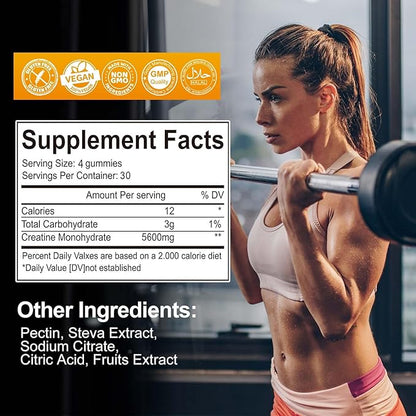 Creatine Monohydrate Gummies 5600mg for Men & Women, 120 CT Chewable Creatine Gummies for Muscle Support, Energy Boost, 5.6g of Creatine Monohydrate per Serving - Sugar Free, Vegan (Pineapple Flavor)