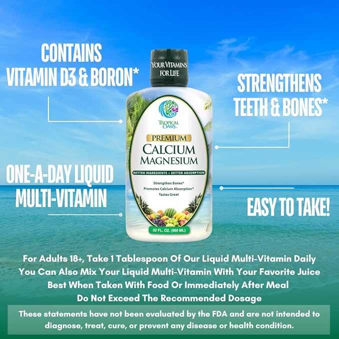 Premium Liquid Calcium Magnesium Citrate - Natural formula w/ support for strong bones - Liquid Vitamin Supplement w/ Calcium, Magnesium, Boron & Vitamin D3 – Up to 98% Absorption Rate- 32oz, 64 Serv