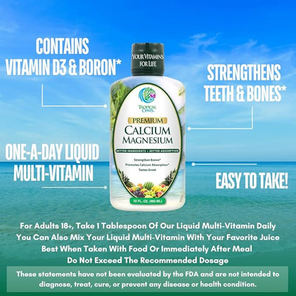 Premium Liquid Calcium Magnesium Citrate - Natural formula w/ support for strong bones - Liquid Vitamin Supplement w/ Calcium, Magnesium, Boron & Vitamin D3 – Up to 98% Absorption Rate- 32oz, 64 Serv