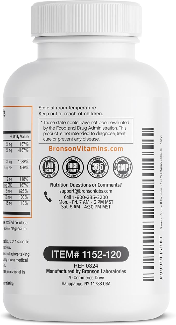 Bronson Vitamin B Complex with Vitamin C - Immune Health, Energy Support & Nervous System Support - Non-GMO, 120 Vegetarian Capsules