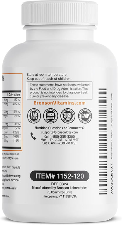 Bronson Vitamin B Complex with Vitamin C - Immune Health, Energy Support & Nervous System Support - Non-GMO, 120 Vegetarian Capsules