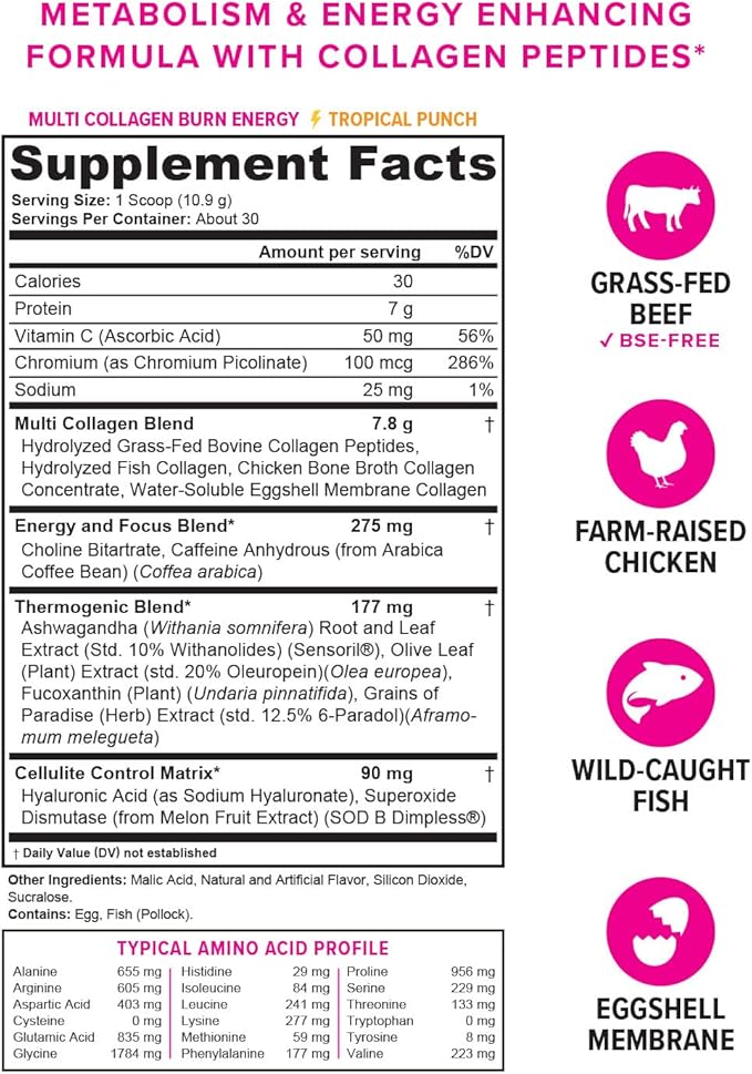 Multi Collagen Burn: Multi-Type Hydrolyzed Protein Peptides with Hyaluronic Acid, Vitamin C, SOD B Dimpless, Types I, II, III, V and X Collagen, with Caffeine
