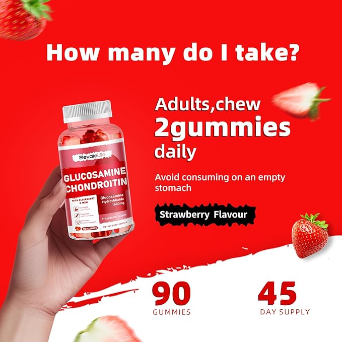 Glucosamine Chondroitin Gummies - Extra Strength Joint Support Supplement with MSM & Elderberry for Natural Joint, Antioxidant Immune Support for Adults, Men & Women 90 Strawberry Gummies