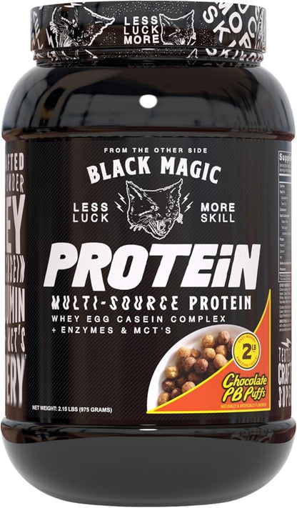 Worldwide Nutrition Bundle: Black Magic Multi-Source Casein Protein Powder-Whey, Egg Albumin Enzymes, Micellar Casein & MCT-Muscle Mass Gaining Bodybuilding-Chocolate PB Puffs 2LB & Keychain