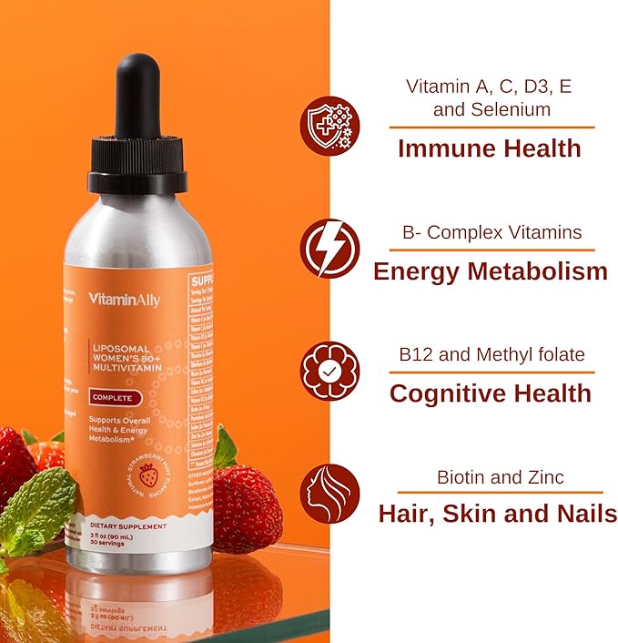 Liposomal Women's 50+ Liquid Multivitamin Drops | Non-GMO | Sugar Free | Supports Immunity, Overall Health and Energy | 30 Day Supply | 3 FL Oz (Natural Strawberry Flavor)