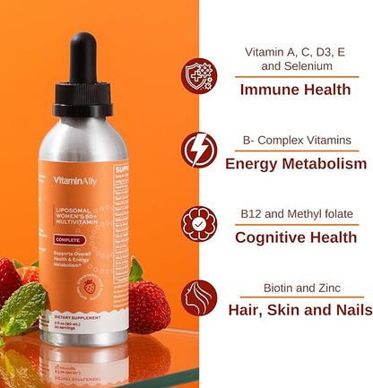 Liposomal Women's 50+ Liquid Multivitamin Drops | Non-GMO | Sugar Free | Supports Immunity, Overall Health and Energy | 30 Day Supply | 3 FL Oz (Natural Strawberry Flavor)