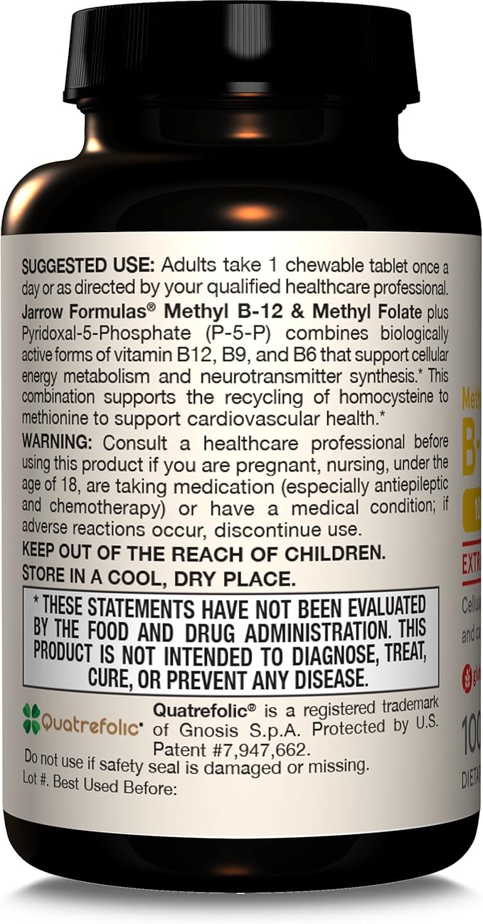 Jarrow Formulas Extra Strength Methyl B-12 1000 mcg & Methyl Folate 400 mcg + P-5-P, Dietary Supplement for Cellular Energy Metabolism and Cardiovascular Support, 100 Chewable Tablets, 100 Day Supply