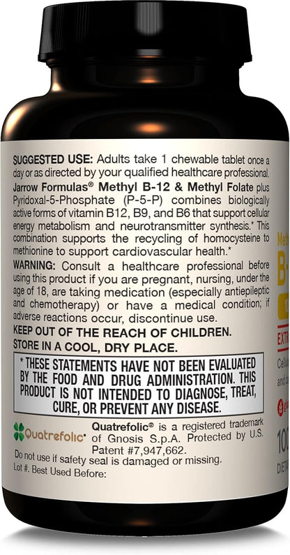 Jarrow Formulas Extra Strength Methyl B-12 1000 mcg & Methyl Folate 400 mcg + P-5-P, Dietary Supplement for Cellular Energy Metabolism and Cardiovascular Support, 100 Chewable Tablets, 100 Day Supply