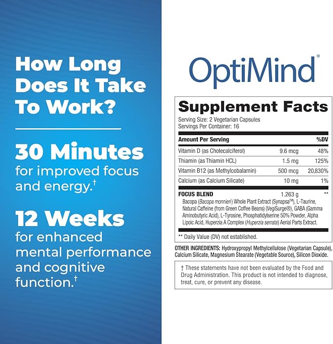 Optimind Nootropics Brain Booster Supplement | Enhance Focus and Cognition, Improve Retention, Sustain Energy | Clinically Studied Ingredients, Bacopa, Tyrosine, Huperzine A, GABA - 1 Bottle (32 Ct)