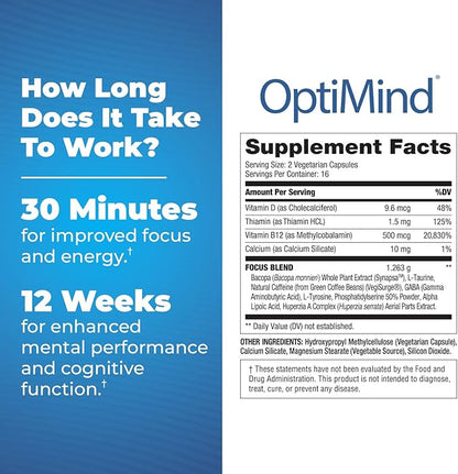 Optimind Nootropics Brain Booster Supplement | Enhance Focus and Cognition, Improve Retention, Sustain Energy | Clinically Studied Ingredients, Bacopa, Tyrosine, Huperzine A, GABA - 1 Bottle (32 Ct)