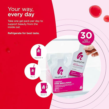 Healthycell Vibrant Hair, Skin & Nails - Hair Vitamins with Liquid Collagen for Women - Hyaluronic Acid Supplement with Collagen Peptides, Vitamin E, Biotin - Maximum Absorption - 30 Gel Packs