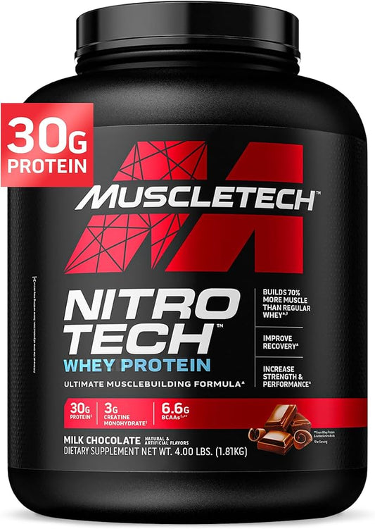 Muscletech Whey Protein Powder (Milk Chocolate, 4 Pound) - Nitro-Tech Muscle Building Formula with Whey Protein Isolate & Peptides - 30g of Protein, 3g of Creatine & 6.6g of BCAA
