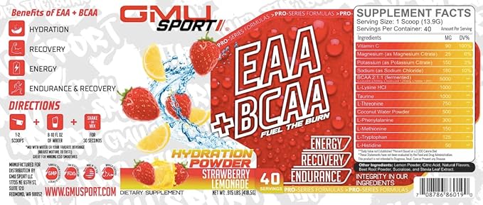 GMU SPORT - BCAA & EAA Hydration & Recovery Powder -Full Essential Amino Acids Profile Hydration Powder for Energy, Fast Recovery & Endurance - 40 Servings, Electrolyte Drink (Strawberry Lemonade)