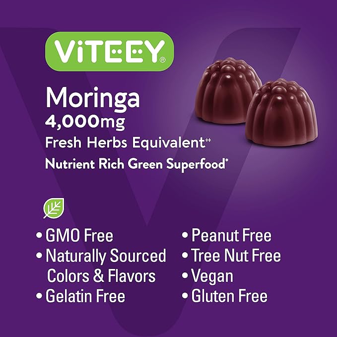 Moringa Gummies for Adults & Teens - Moringa Leaf Extract 4000mg - Immune Support, Energy Booster, Better Mood Support - Chewable Green Superfood - Vegan, Gelatin Free - Strawberry Flavored Gummy