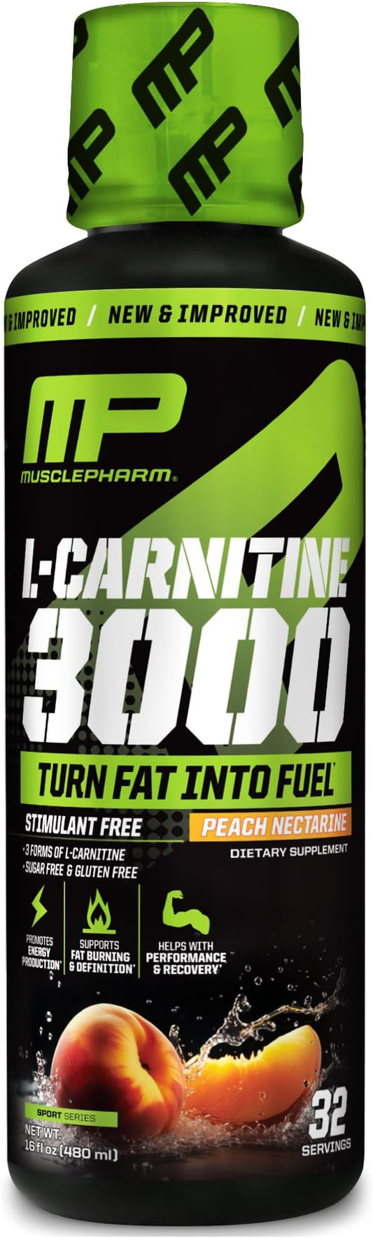 Muscle Pharm L-Carnitine 3000, The Ultimate Liquid L Carnitine Supplement for High-Performance, Supports Metabolism, Hydration & Energy, Zero Sugar/Calories, Peach Nectarine Flavor, 32 Servings