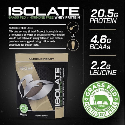 Muscle Feast Grass-Fed Whey Protein Isolate, All Natural Hormone Free Pasture Raised, Cappuccino, 2lb (37 Servings)