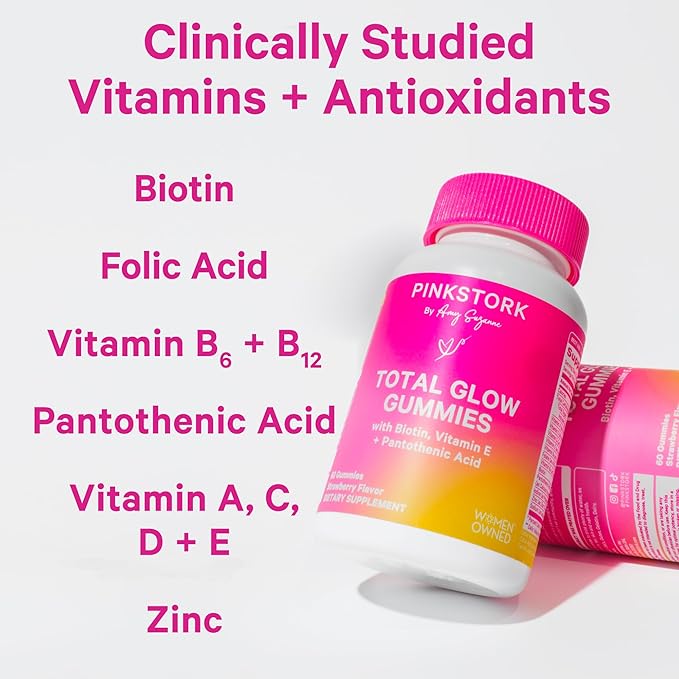 Pink Stork Total Glow Gummies - Hair, Skin, and Nails Vitamins - 11 Vitamins & Nutrients - Biotin, Vitamin A, B6, B12, Folate - Beautiful Hair, Radiant Skin, and Strong Nails - 60 Berry Biotin Gummies