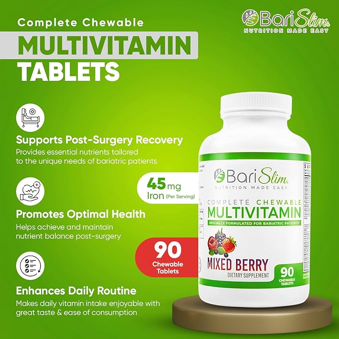 BariSlim Complete Chewable Bariatric Multivitamin Tablets - 45 mg Iron - Bariatric Vitamin & Supplement for Post Bariatric Surgery Including Gastric Bypass & Gastric Sleeve | Mixed Berry (90 Count)