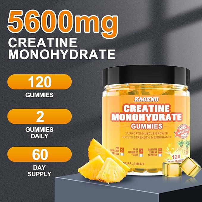 Creatine Monohydrate Gummies 5600mg for Men & Women, 120 CT Chewable Creatine Gummies for Muscle Support, Energy Boost, 5.6g of Creatine Monohydrate per Serving - Sugar Free, Vegan (Pineapple Flavor)