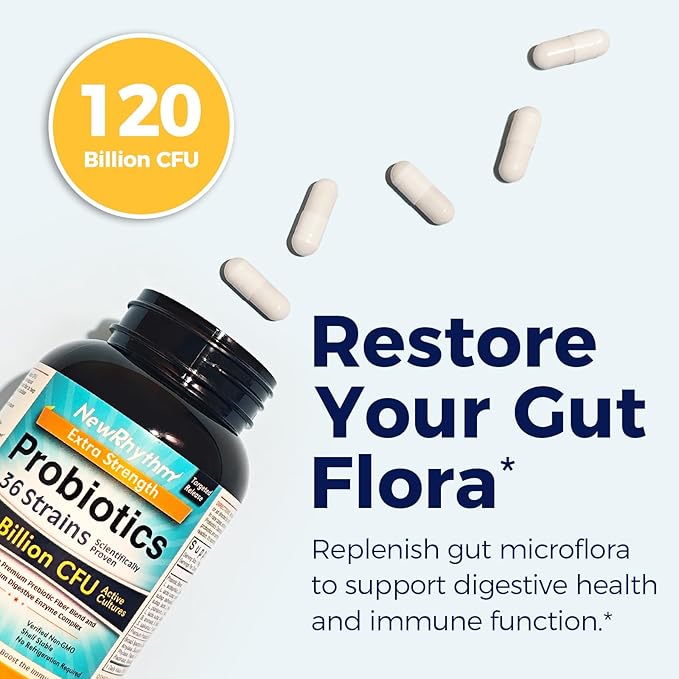 NewRhythm Probiotics 120 Billion CFU 36 Strains, 3-in-1 Probiotics for Digestive Health & Immune Support with Prebiotics & Enzymes, Probioticos for Women & Men, Vegan Targeted Release Supplement, 60ct