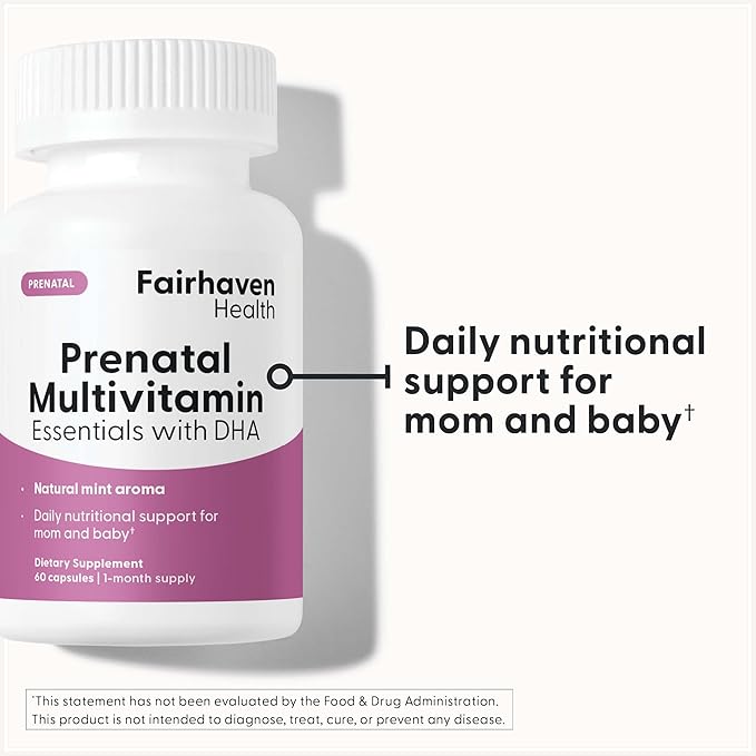 Fairhaven Health Prenatal Multivitamin Essentials | Prenatal Vitamins + DHA, Choline, Myo-Inositol | Supports Healthy Pregnancy & Fetal Brain Development | Mint Essence to Deter Nausea | 60 Capsules