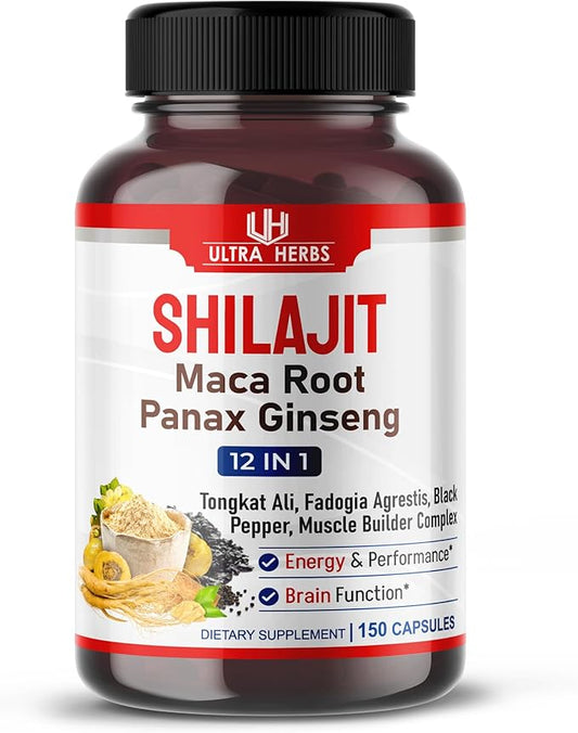 Shilajit Pure Himalayan 21,800mg - Energy Booster 85% Fulvic Acid, Maca Root, Panax Ginseng, Tongkat Ali, Fadogia Agrestis - Metabolism & Immunity Support - 150 Capsules