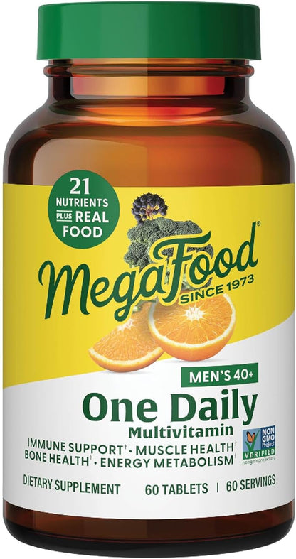 MegaFood Men's 40+ One Daily Multivitamin for Men with Vitamin B, Vitamin D3, Selenium, Zinc & Real Food - Immune Support, Energy Metabolism, and Muscle & Bone Health – Non GMO; Vegetarian - 60 Tabs