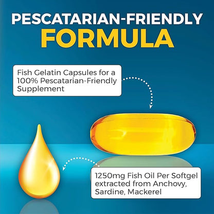 Fish Oil Omega 3 Supplement for Women - Triple Strength 2500 mg Fish Oil Pills with DPA DHA EPA Omega 3 Supplement with Re-Esterified Omega 3 Fatty Acids - 90 Pescatarian-Friendly Softgels