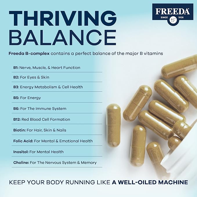 FREEDA Vitamin B Complex - Kosher Super B Complex Vitamin Supplement for Women & Men with Biotin, Vitamin B12, B1, B2, B3, B6, Folic Acid - Energy Metabolism Booster - Super Quints B-50, 100 Capsules