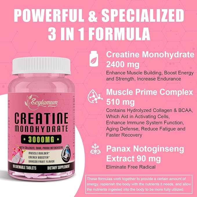 Creatine Monohydrate for Women, Creatine Supplement 3000 MG, with Hydrolyzed Collagen, BCAA, for Muscle Builder & Strength, Energy Boost, Faster recovery, Vegan, Non-GMO, Sugar Free, 60 Servings