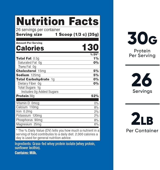 Nutricost Grass-Fed Whey Protein Isolate (Unflavored) 2LBS - Non-GMO, Gluten Free, Pure Protein