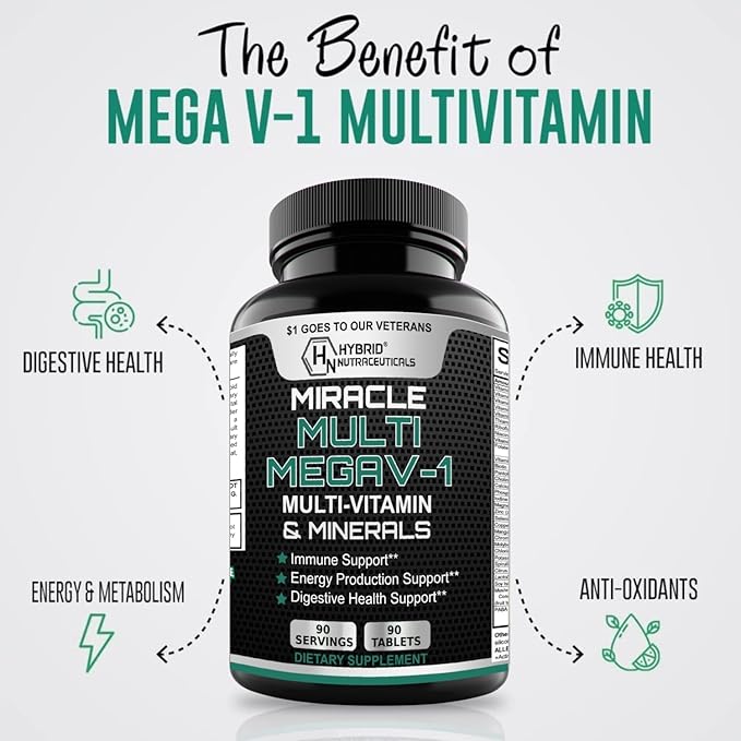 MEGAV-1 Multi-Vitamin, Superfood & Minerals - Daily Multivitamin with Probiotics, Digestive Enzyme, Mushroom Complex for Heart Health, Immune Support, Energy & Stamina - 90 Tablets