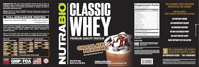NutraBio Classic Whey Protein Powder- 25G of Protein Per Scoop - No Fillers, Artificial Colors, Preservatives - Chocolate Milkshake, 2 Pounds