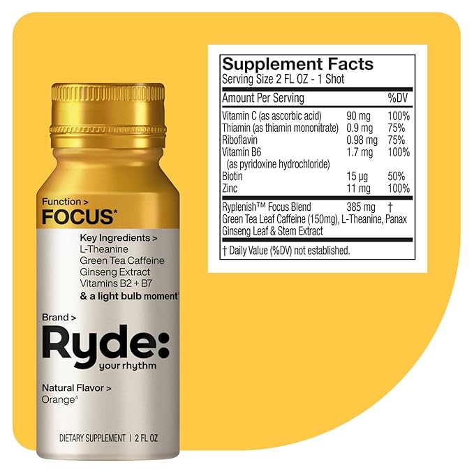 Ryde: Focus Shot | Orange Flavor | L-Theanine & Ginseng | Green Tea Caffeine | Vitamins B2 & B7 | 0 Calories, 0 Sugar | 2 FL OZ Shots | Supports Focus* (24 Pack)