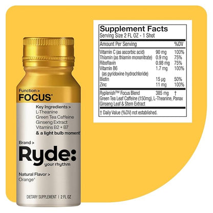 Ryde: Focus Shot | Orange Flavor | L-Theanine & Ginseng | Green Tea Caffeine | Vitamins B2 & B7 | 0 Calories, 0 Sugar | 2 FL OZ Shots | Supports Focus* (24 Pack)