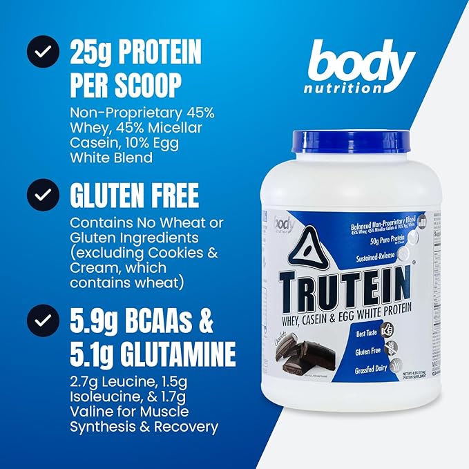 Body Nutrition Trutein High Protein Powder: 45% Whey, 45% Casein, 10% Egg White, Gluten-Free, Low Sodium, Grass Fed Whey Protein Powder, Gym Supplement & Breakfast Shake, Chocolate, 4lb