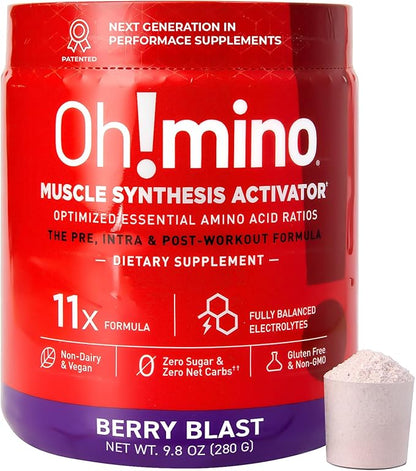 Oh!mino Amino Acid Energy Blend - Pre-Post Workout Powder, BCAA Amino Acids, Workout Recovery Drink, Muscle Synthesis Activator, Caffeinated Berry Blast, 280 g, 40 Servings