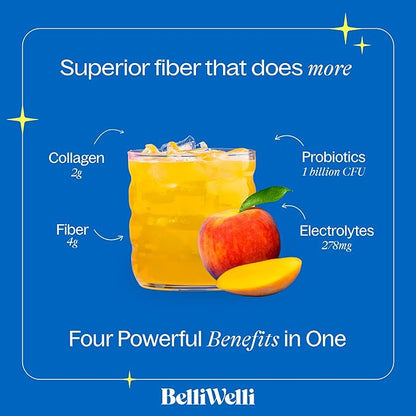 Daily Fiber Supplement Powder with Collagen, Probiotics & Electrolytes | Supports Digestive Health, Gut Balance & Debloating | Peach Mango | 16 Servings
