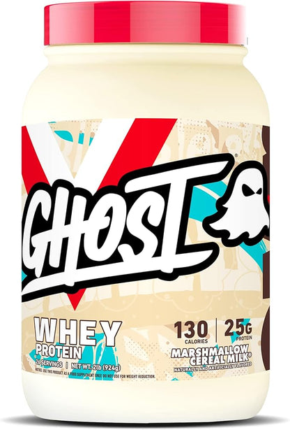 GHOST Whey Protein Powder, Marshmallow Cereal Milk - 2LB Tub, 25G of Protein - Flavored Isolate, Concentrate & Hydrolyzed Whey Protein Blend - Post Workout Shakes - Soy & Gluten Free