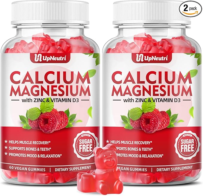 Calcium Magnesium Zinc with Vitamin D3 Gummies, Sugar Free Calcium Supplements for women men, High Absorption Zinc Gummies for Bone & Muscle & Immune Health, Vegan Raspberry Flavor - 120 Count