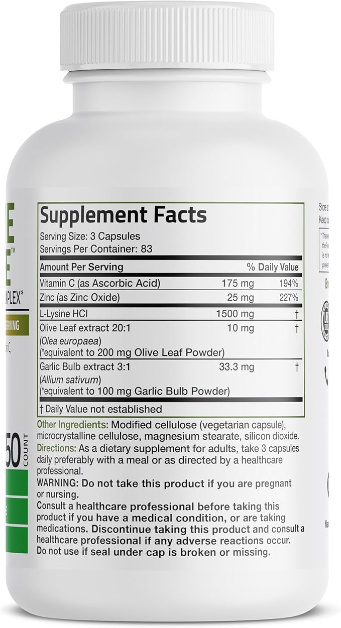Bronson L-Lysine Defense Immune Support Complex 1500 MG L-Lysine Plus Olive Leaf, Garlic, Vitamin C and Zinc - Non-GMO, 250 Vegetarian Capsules