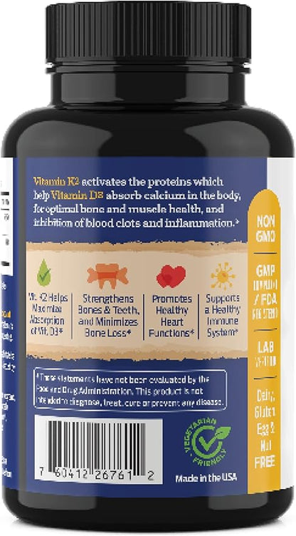 ForestLeaf Vitamin D3 + K2 (MK7) Supplement - MenaQ7 - Calcium and Vitamin D3 5000 IU Max Absorption - Teeth and Bone Strength, Heart Health, Immune System Support - 60 Veggie Capsules