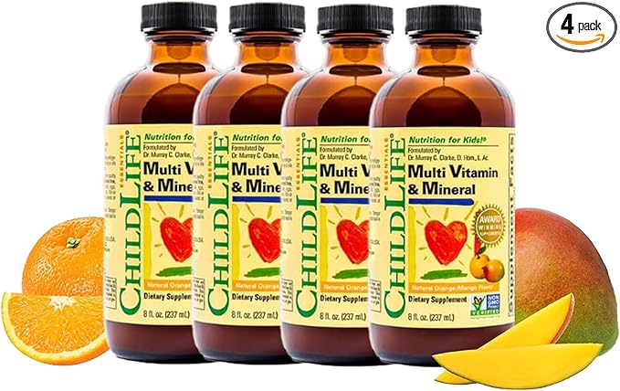 CHILDLIFE ESSENTIALS Kids Multivitamin & Mineral - Kids Vitamins, Liquid Multivitamin for Kids, Toddler Multivitamins, Liquid Vitamins, Baby Multivitamin - Natural Orange & Mango, 8 Fl Oz (Pack of 4)