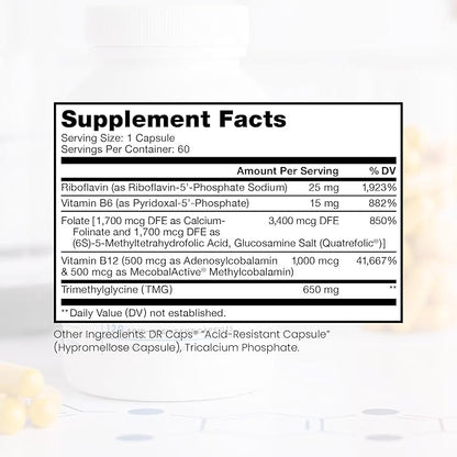 Methyl B Complete - 60 Vegetable Capsules | Optimal Methylation Support Supplement with Quatrefolic 5-MTHF (Active folate), Methylcobalamin (Active B12), B2, B6, and TMG | Pharmaceutical Grade
