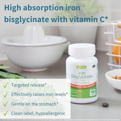 High Absorption Chelated Iron Bisglycinate 20mg with Vitamin C, 6 Month Supply, Iron, Gentle Formula, Clean Label & Targeted Release, for Women and Men, One Daily, Vegan, 180 Tablets, by Igennus